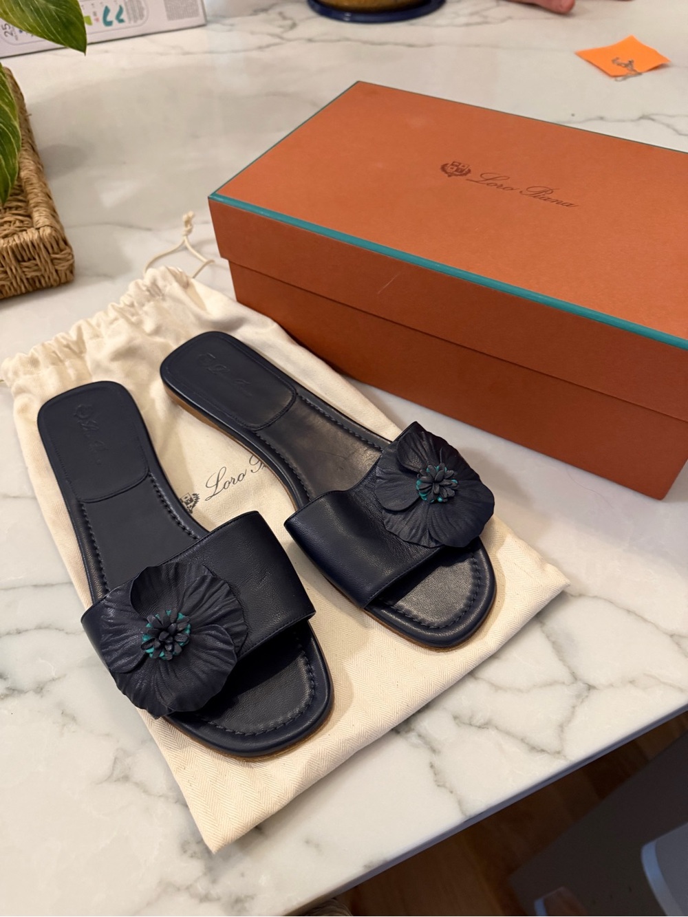 Loro piana Slide Sandals with Floral Applique - navy